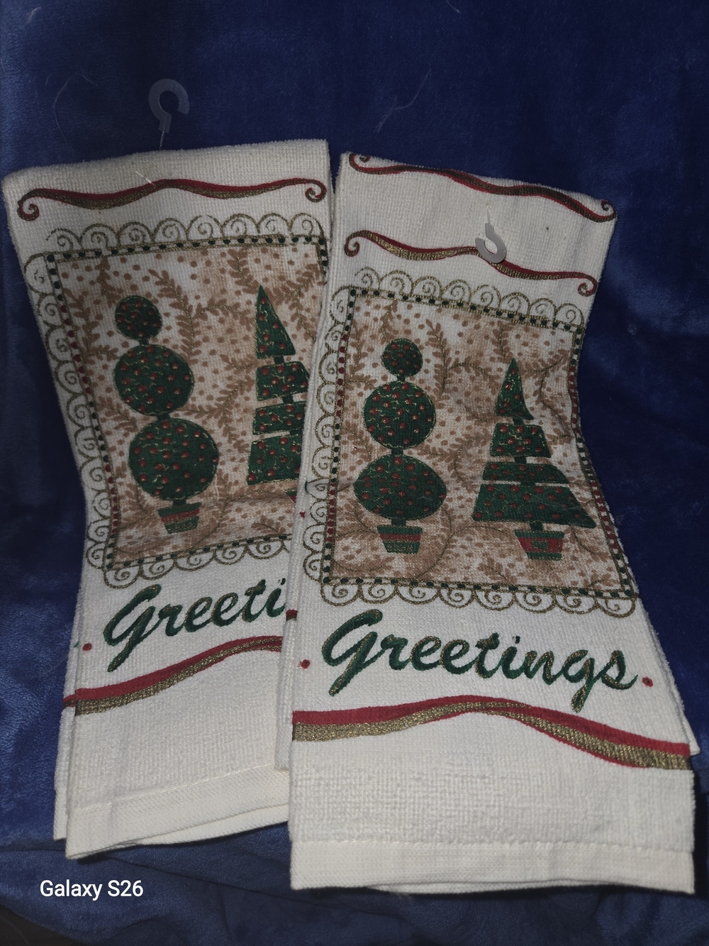 Festive 'Greetings' Holiday Hand Towels - Cream with Green and Red Accents